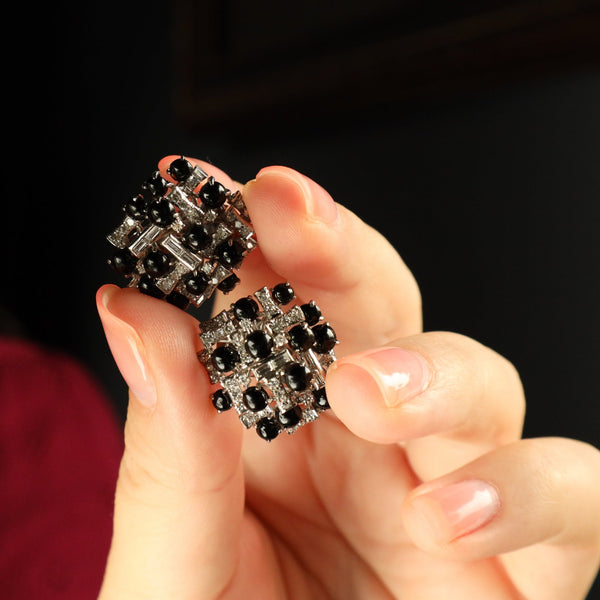 Retro Onyx Cocktail Diamond Earrings in Solid 14k White Gold