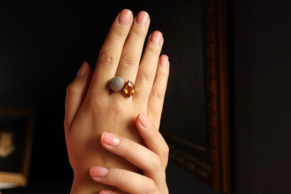 Oval Citrine Ring in Woven Silver With Pixel Alien, Repurposed Jewelry