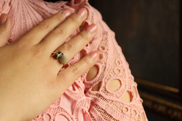 Two Ring In One Ring with Green Tourmaline and 14k Gold Filigree