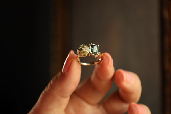 Two Ring In One Ring with Green Tourmaline and 14k Gold Filigree
