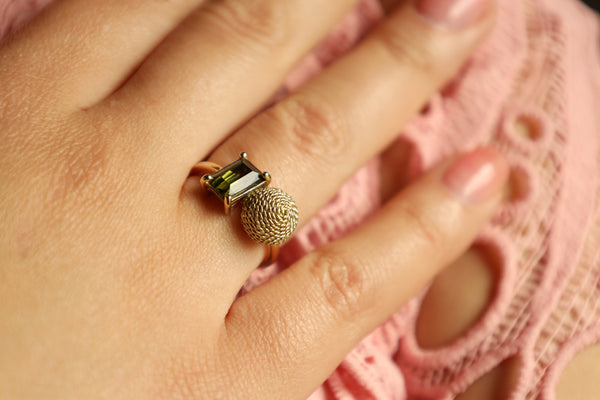 Two Ring In One Ring with Green Tourmaline and 14k Gold Filigree