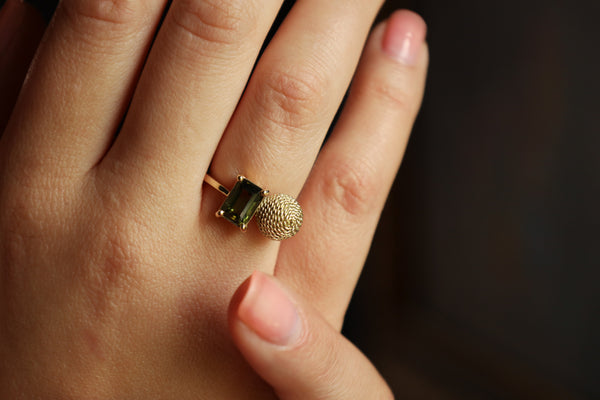 Two Ring In One Ring with Green Tourmaline and 14k Gold Filigree