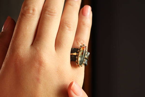 Upcycled Moss Agate Ring, Two Ring In One Dendric Agate Band