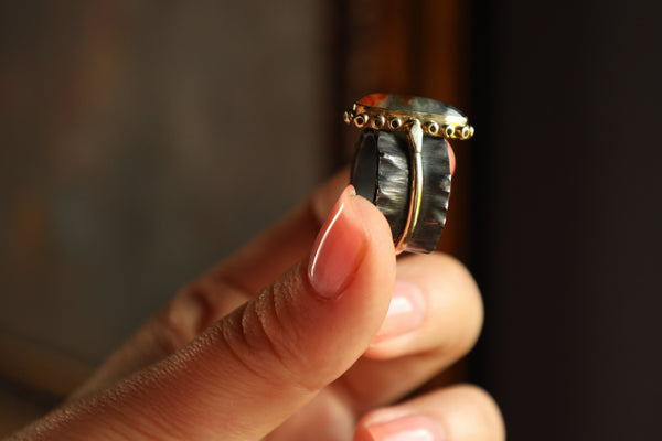 Upcycled Moss Agate Ring, Two Ring In One Dendric Agate Band