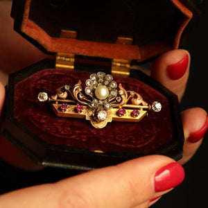 Victorian 18k Gold Bar Brooch with Old Mine Cut Diamonds, Rubies and Pearl