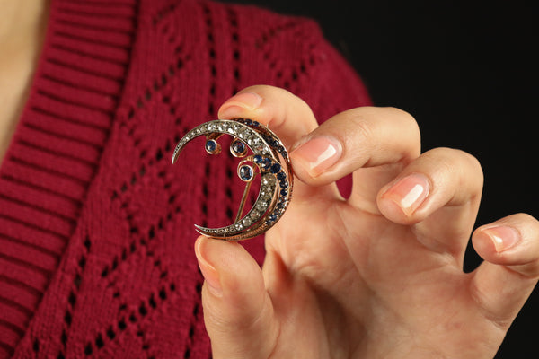 Antique Victorian Crescent Moon Brooch with Natural Ceylon Sapphires and Old Mine Cut Diamonds