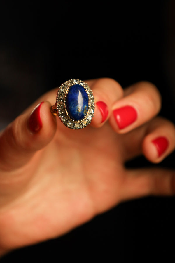 Vintage 14k Gold Ring with Large Lapis Cabochon and Rose Cut Diamonds