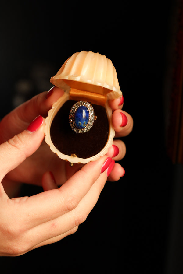 Vintage 14k Gold Ring with Large Lapis Cabochon and Rose Cut Diamonds