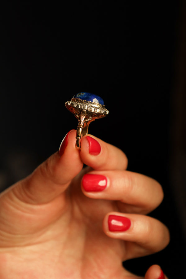 Vintage 14k Gold Ring with Large Lapis Cabochon and Rose Cut Diamonds