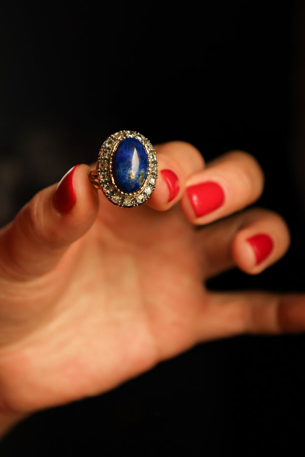Vintage 14k Gold Ring with Large Lapis Cabochon and Rose Cut Diamonds