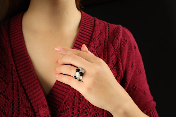 Vintage Black Onyx and Rock Crystal Ring in Solid 18k Gold