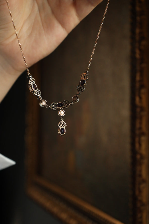 Vintage Lavalier Necklace with Amethysts, Pearls and Rose Cut Diamonds