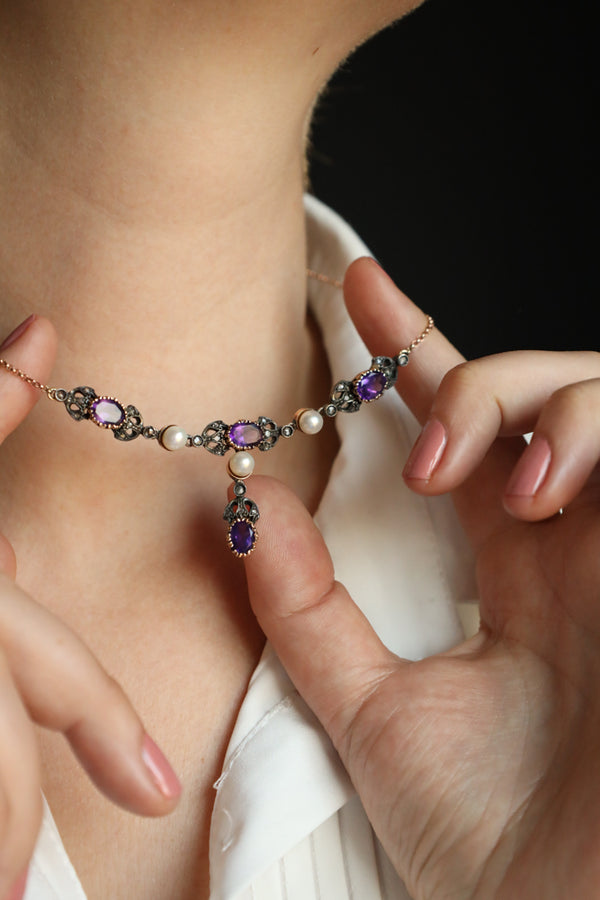 Vintage Lavalier Necklace with Amethysts, Pearls and Rose Cut Diamonds