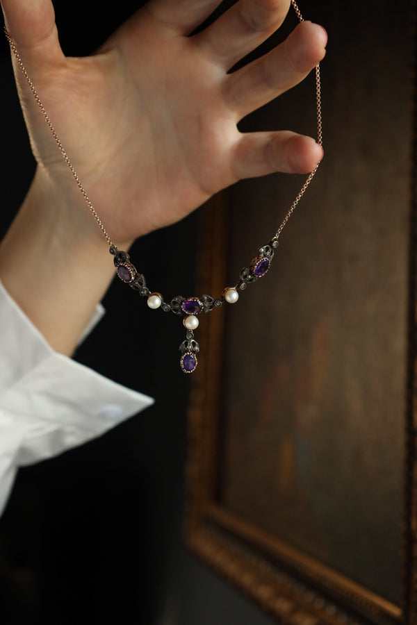 Vintage Lavalier Necklace with Amethysts, Pearls and Rose Cut Diamonds