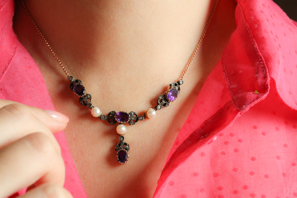 Vintage Lavalier Necklace with Amethysts, Pearls and Rose Cut Diamonds
