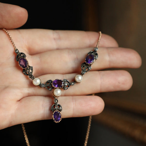 Vintage Lavalier Necklace with Amethysts, Pearls and Rose Cut Diamonds