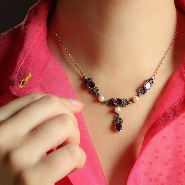 Vintage Lavalier Necklace with Amethysts, Pearls and Rose Cut Diamonds