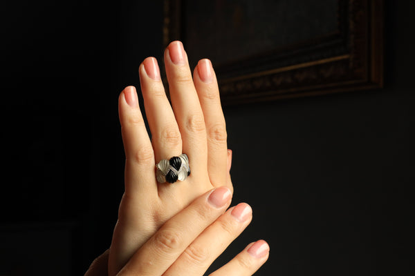 Vintage Black Onyx and Rock Crystal Ring in Solid 18k Gold