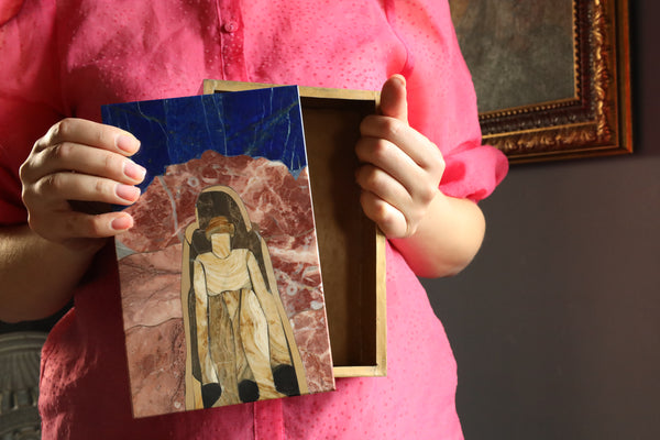 Vintage Trinket Jewelry Box with Pink Marble and Lapis Lazuli Inlay