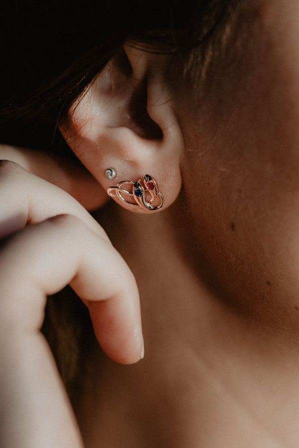 Antique Style Victorian Revival Ruby and Sapphire Double Headed Snake Earrings in 14 CT Rose Gold - Pretty Different Shop