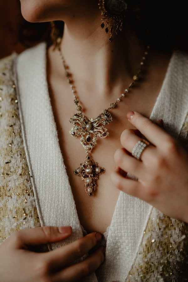 Antique Italian Cross Necklace, Georgian Rococo Corsage Jewelry, circa 1700s - Pretty Different Shop