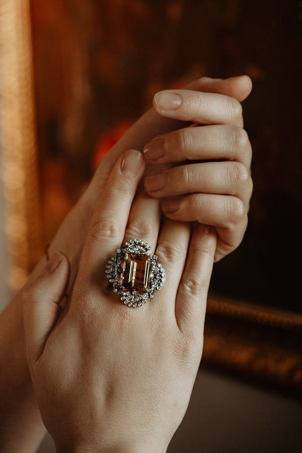 Antique HUGE 27CT Citrine and Diamond Ring - Pretty Different Shop