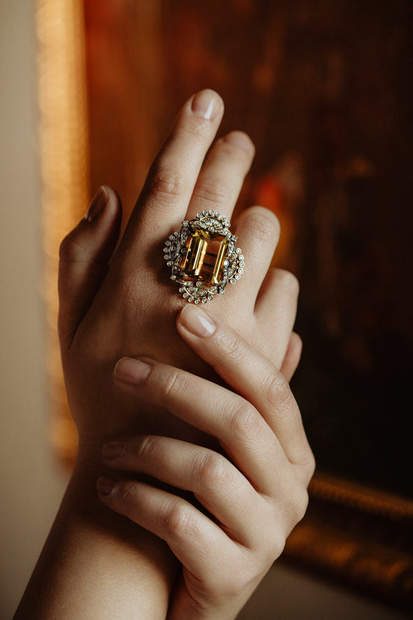 Antique HUGE 27CT Citrine and Diamond Ring - Pretty Different Shop