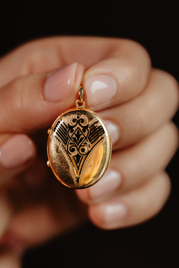 Antique Art Nouveau 14K Gold Black Enamel Locket - Pretty Different Shop