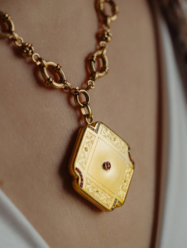 Antique Art Nouveau Square Ruby and Diamond Locket - Pretty Different Shop