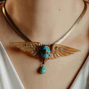 Antique French Art Nouveau Turquoise Scarab Brooch, Carved Horn by Georges Pierre - Pretty Different Shop