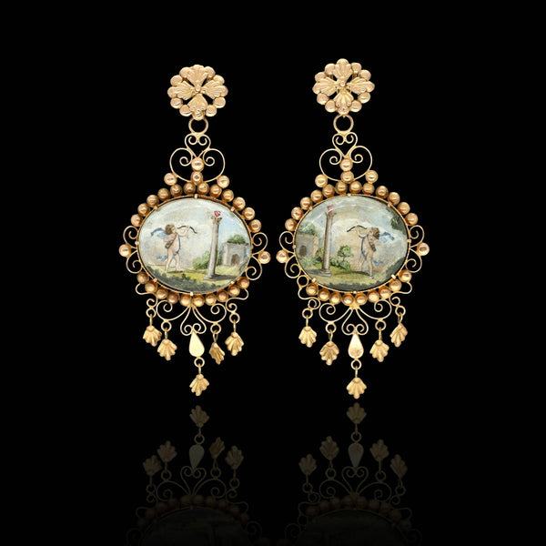 An absolutely UNIQUE and MUSEUM-WORTHY Early Victorian era cupid miniature earrings made of solid 14k yellow gold!  Coming from Italy, this almost 250 year old earrings boast an amazing decorative profile.
