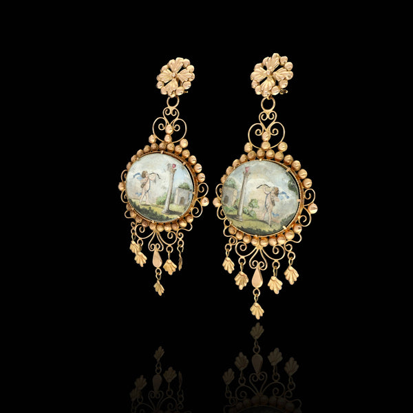 An absolutely UNIQUE and MUSEUM-WORTHY Early Victorian era cupid miniature earrings made of solid 14k yellow gold!  Coming from Italy, this almost 250 year old earrings boast an amazing decorative profile.