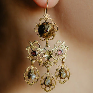 Antique Foiled Garnet Statement Girandole Earrings