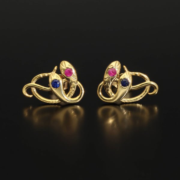 Antique Victorian Ruby Snake Studs, Antique Sapphire Double Headed Snake Earrings, Antique Rose Gold Earrings - Journey Jewellery Online Design Jewelry Shop