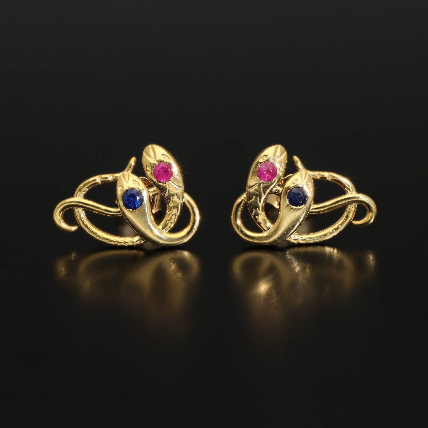 Antique Victorian Ruby Snake Studs, Antique Sapphire Double Headed Snake Earrings, Antique Rose Gold Earrings - Journey Jewellery Online Design Jewelry Shop