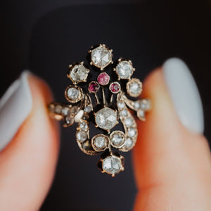 Antique Lyra or Harp Rose Cut Diamond and Ruby Ring - Pretty Different Shop