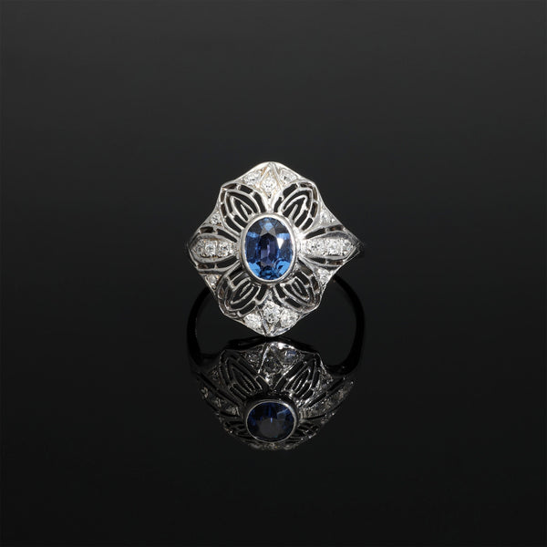 Platinum Antique 1CT Natural Untreated Eye Clean Sapphire and Diamond Ring