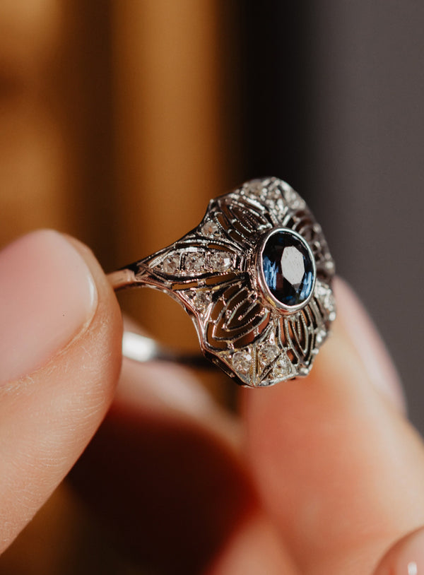 Platinum Antique 1CT Natural Untreated Eye Clean Sapphire and Diamond Ring