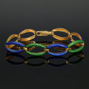 Vintage 18k Gold Blue Green Engine Turned Enamel Bracelet