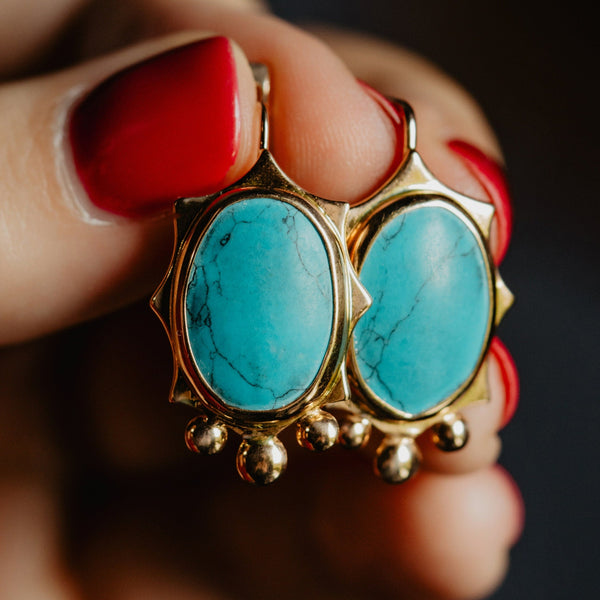 Vintage Retro Solid 14k Rose Gold Turquoise Cabochon Oval Earrings