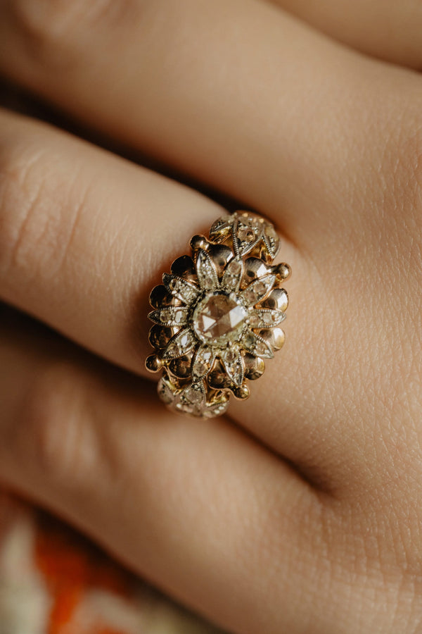 Antique Rose Cut Diamond Lotus Flower Ring - Pretty Different Shop