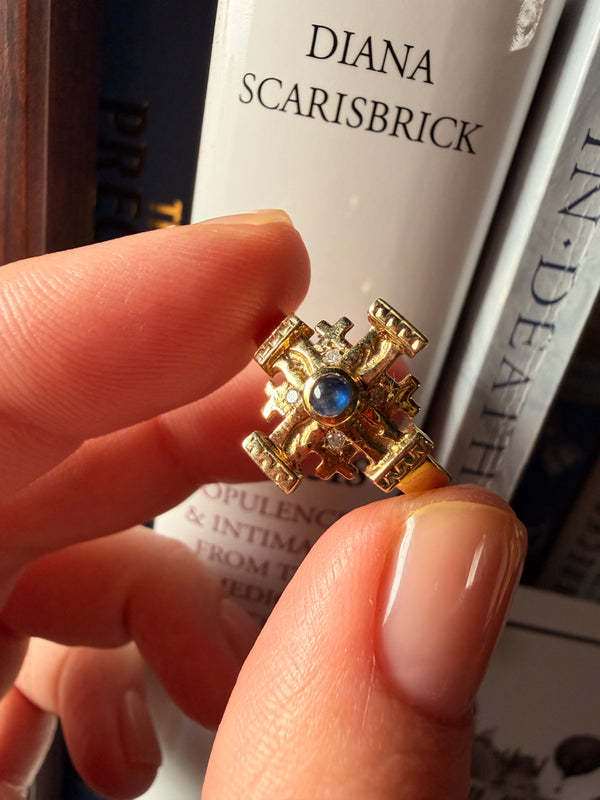 Maltese Cross Ring with Sapphire Cabochon