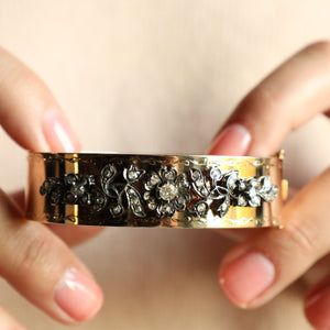 Victorian Style Cuff Bracelet: 14k Gold Floral Bangle with Rose Cut Diamonds