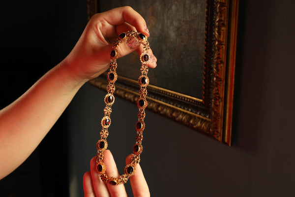 Antique Floral Garnet Necklace in Solid 14k Gold