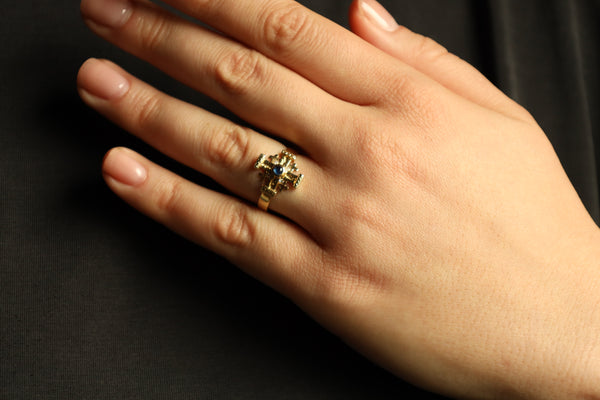 Maltese Cross Ring with Sapphire Cabochon
