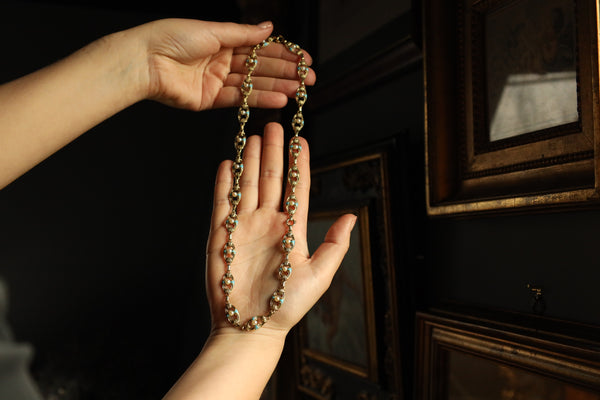 Antique Victorian Gold Chain Necklace and Bracelet Set with Turquoise, Enamel and Pearls