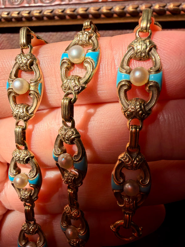 Antique Victorian Gold Chain Necklace and Bracelet Set with Turquoise, Enamel and Pearls