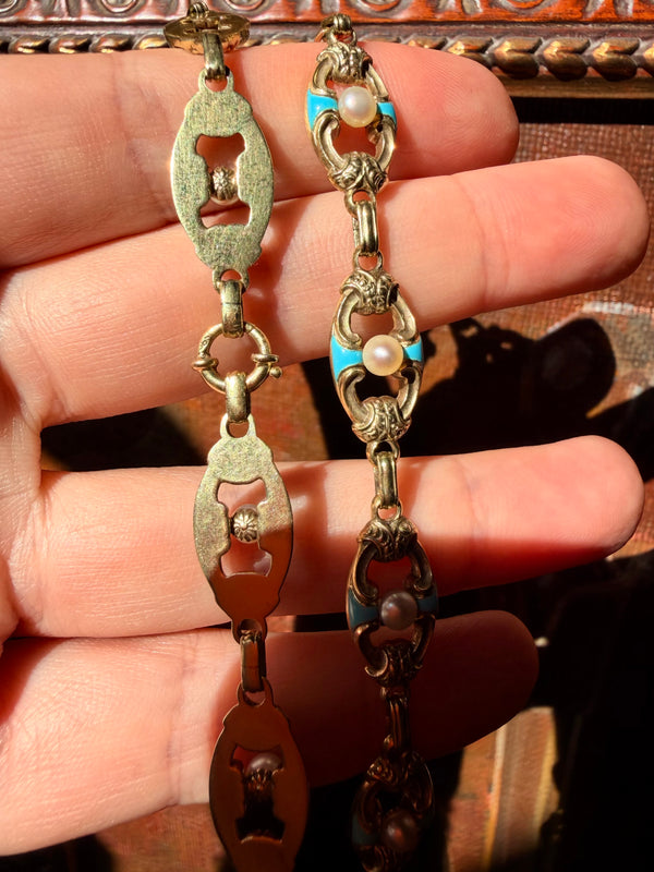 Antique Victorian Gold Chain Necklace and Bracelet Set with Turquoise, Enamel and Pearls