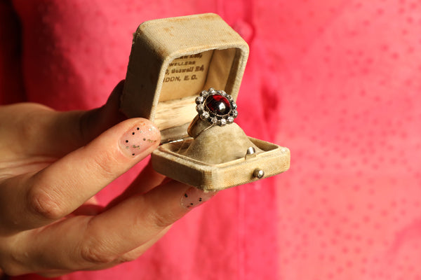 18K Antique Garnet Ring with Old Mine Cut Diamonds