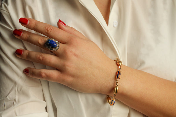 18k Brushed Gold Coffee Bean Bracelet with Blue Enamel